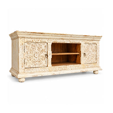 Phoolvan carved white wooden TV unit with floral carved doors, open centre shelf and bun feet
