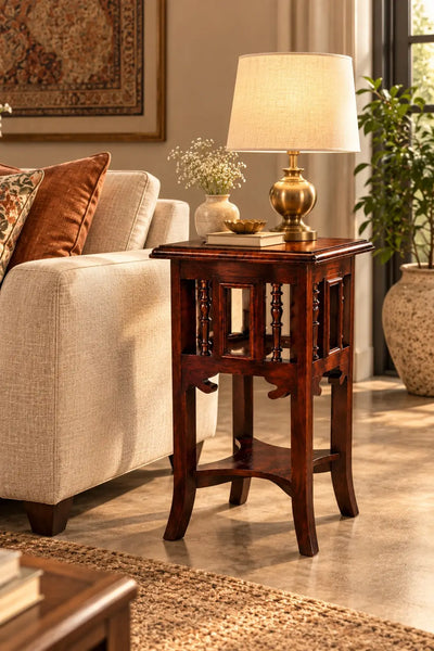 Pichai Classic Square Wooden End Table with Spindle Gallery Beside Sofa Premium Living Room