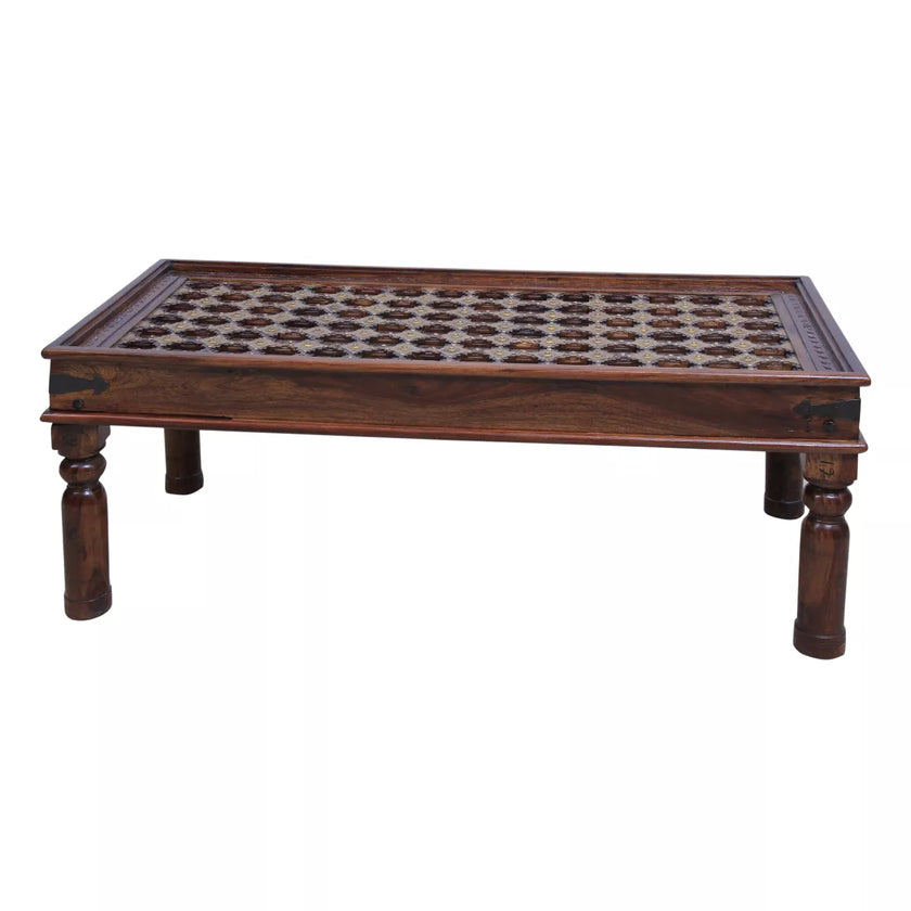 Rajasthani vintage rectangular center table front view with turned legs