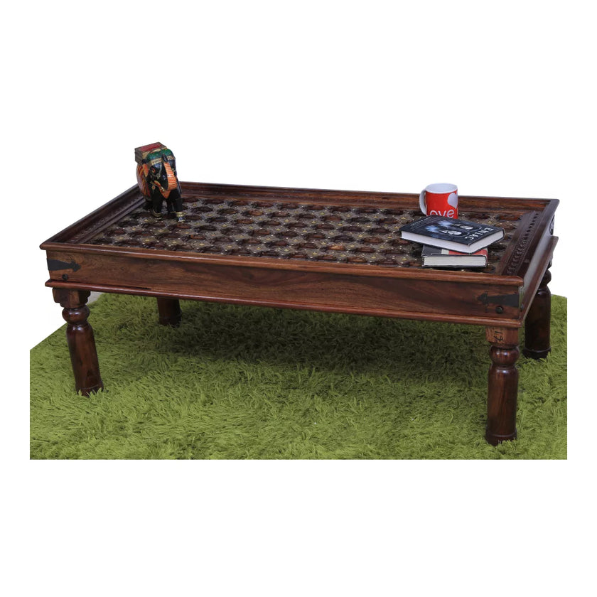 Rajasthani vintage sheesham wood rectangular center table with brass grid top