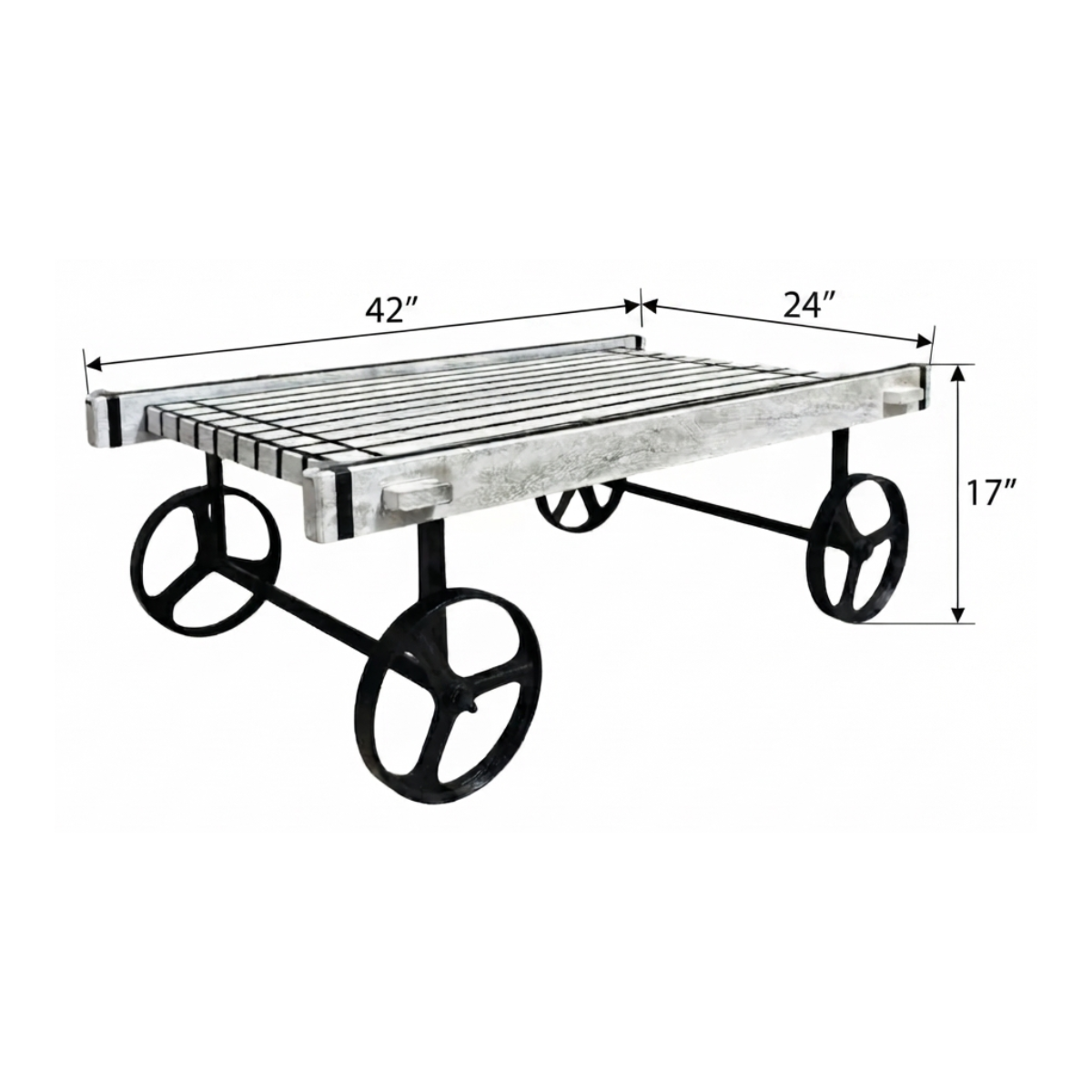 Retro Cart-Inspired Industrial Style Wood Coffee Table with Metal Wheels - Dimensions