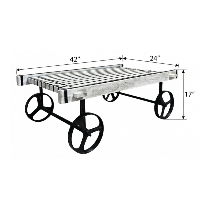 Retro Cart-Inspired Industrial Style Wood Coffee Table with Metal Wheels - Dimensions