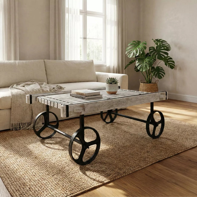 Retro Cart-Inspired Industrial Style Wood Coffee Table with Metal Wheels