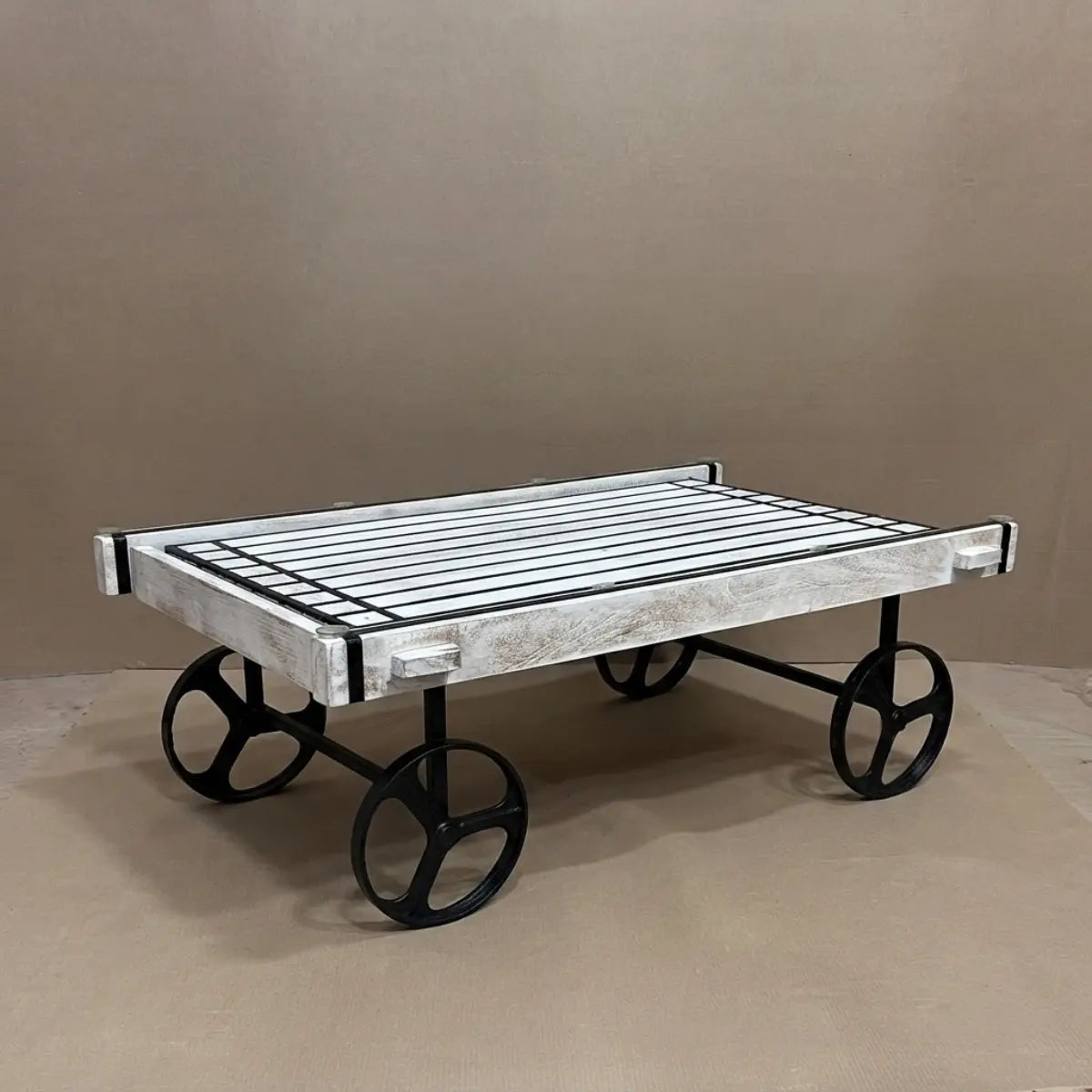 Retro Cart-Inspired Industrial Style Wood Coffee Table with Metal Wheels