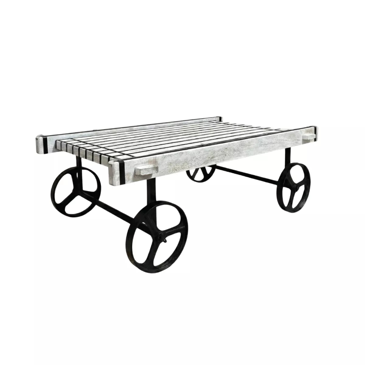 Retro Cart-Inspired Industrial Style Wood Coffee Table with Metal Wheels