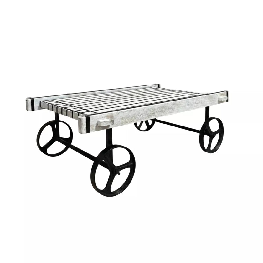 Retro Cart-Inspired Industrial Style Wood Coffee Table with Metal Wheels