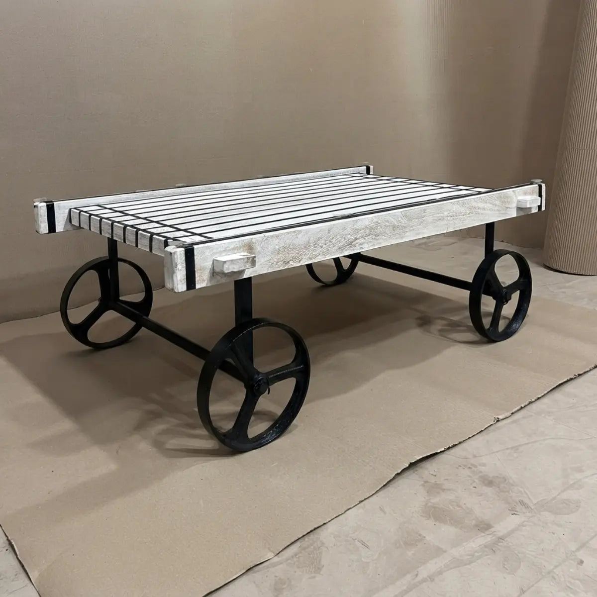 Retro Cart-Inspired Industrial Style Wood Coffee Table with Metal Wheels