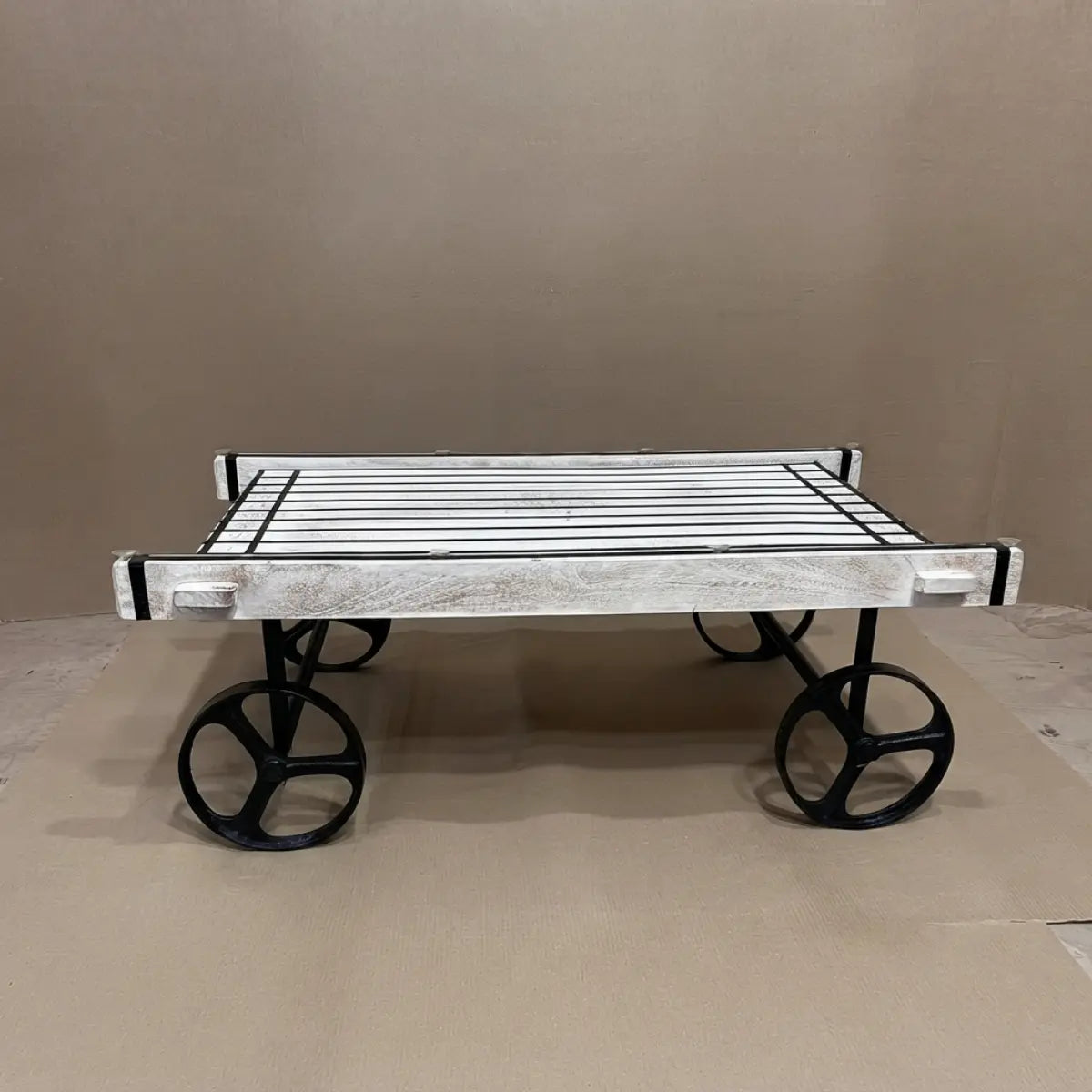 Retro Cart-Inspired Industrial Style Wood Coffee Table with Metal Wheels
