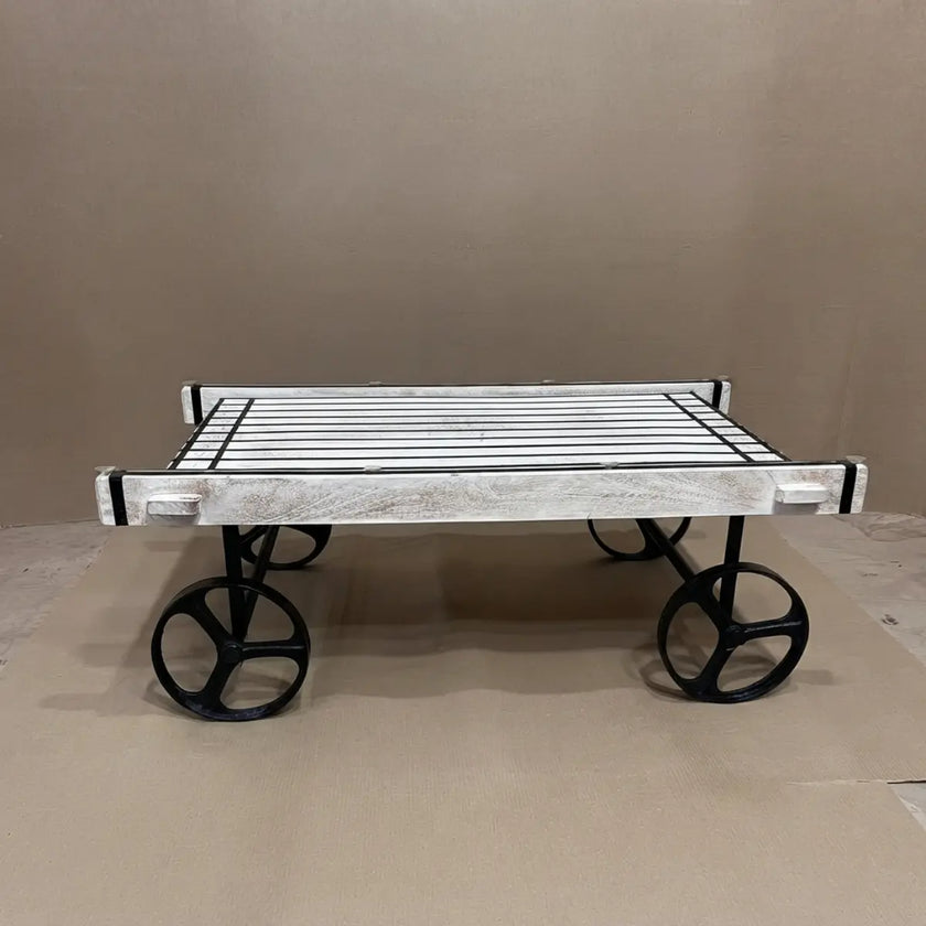 Retro Cart-Inspired Industrial Style Wood Coffee Table with Metal Wheels