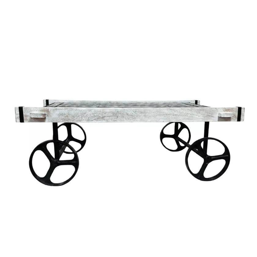 Retro Cart-Inspired Industrial Style Wood Coffee Table with Metal Wheels
