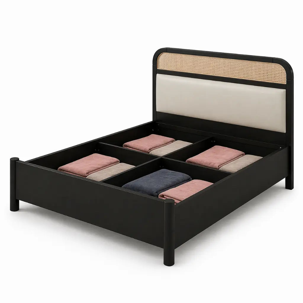 Rigatoni modern upholstered platform bed frame with cane panel headboard black finish box storage