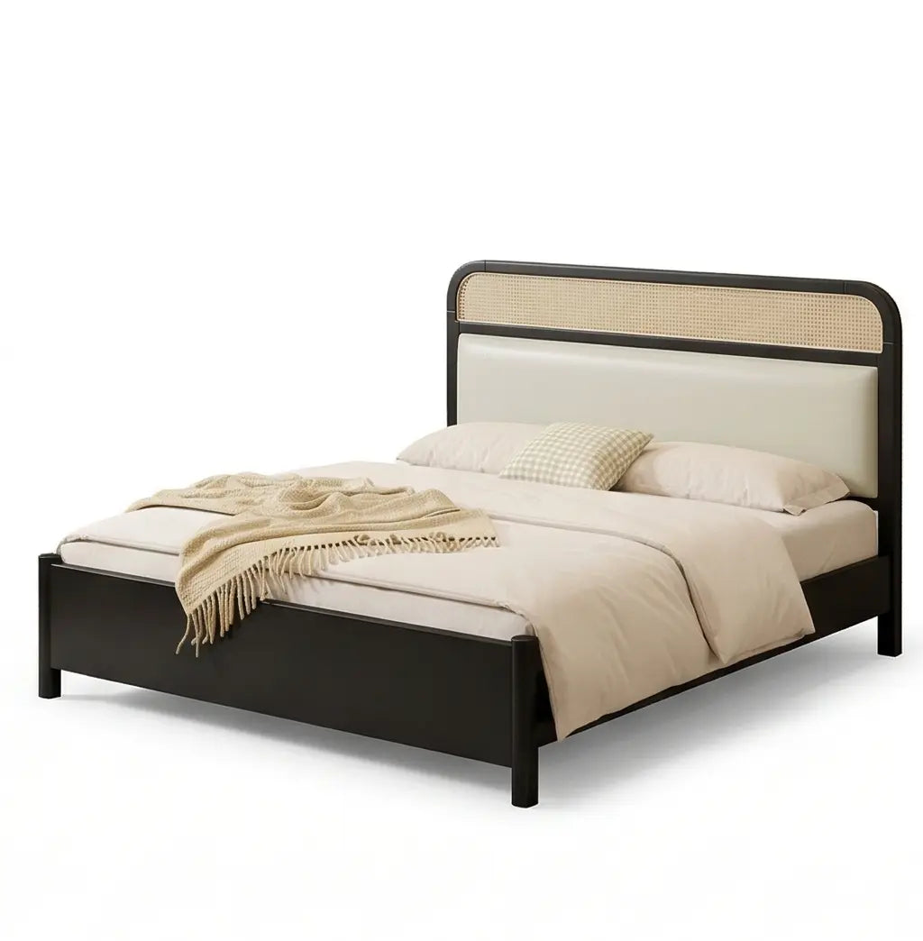 Rigatoni modern upholstered platform bed frame with cane panel headboard black finish front right view white background