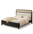 Rigatoni modern upholstered platform bed frame with cane panel headboard black finish front right view white background