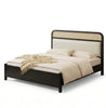 Rigatoni modern upholstered platform bed frame with cane panel headboard black finish front right view white background