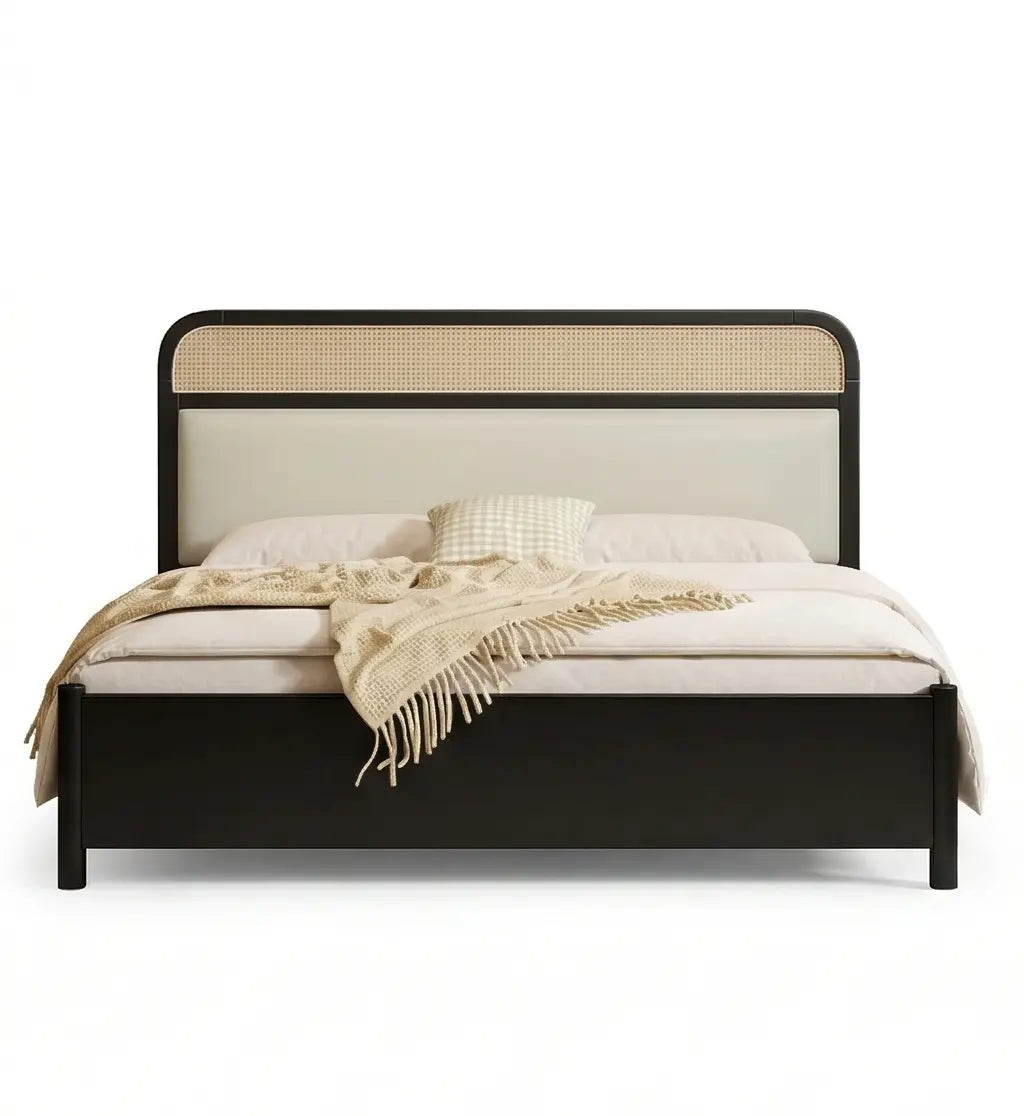 Rigatoni modern upholstered platform bed frame with cane panel headboard black finish front view white background