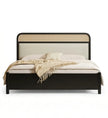 Rigatoni modern upholstered platform bed frame with cane panel headboard black finish front view white background