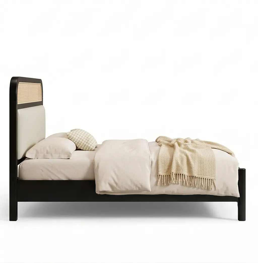 Rigatoni modern upholstered platform bed frame with cane panel headboard black finish side view white background