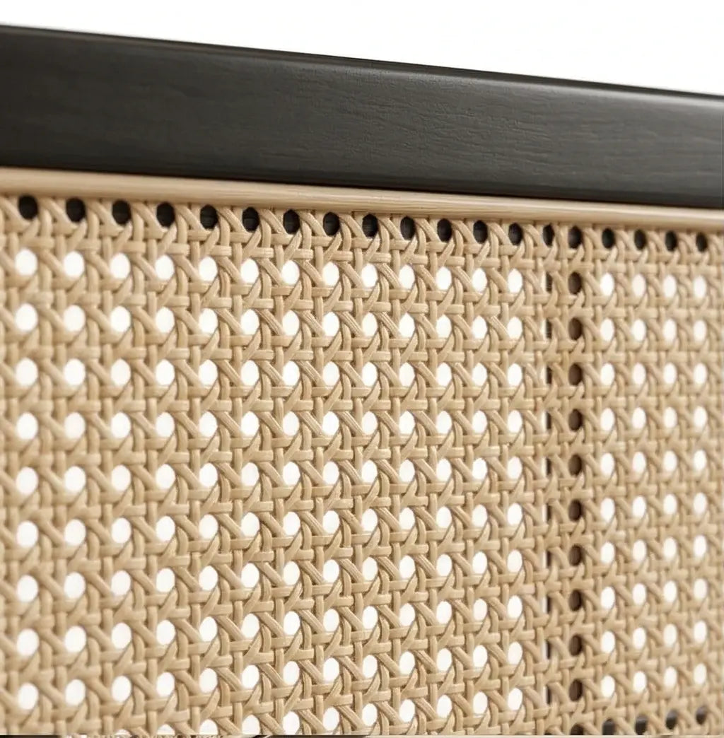 Rigatoni modern upholstered platform bed frame with cane panel headboard closeup view
