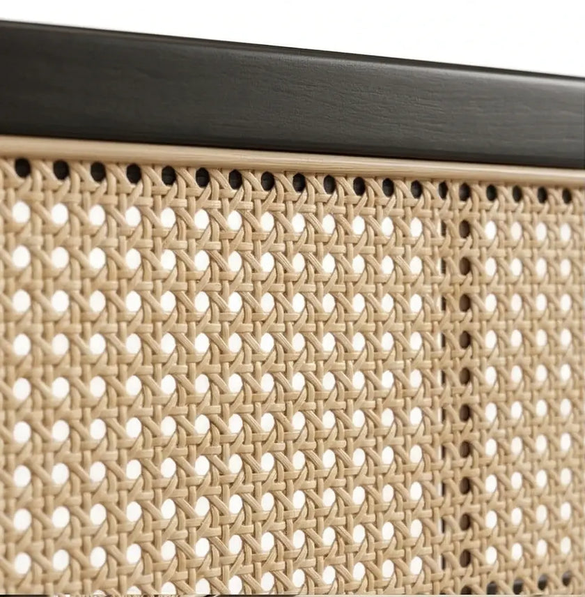 Rigatoni modern upholstered platform bed frame with cane panel headboard closeup view