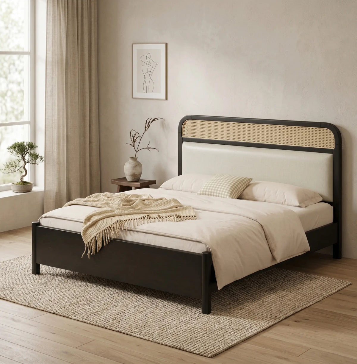 Rigatoni modern upholstered platform bed frame with cane panel headboard in a bedroom setup