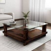 Demto Square Glasstop Centre Table by Induscraft in Solid Sheesham Wood