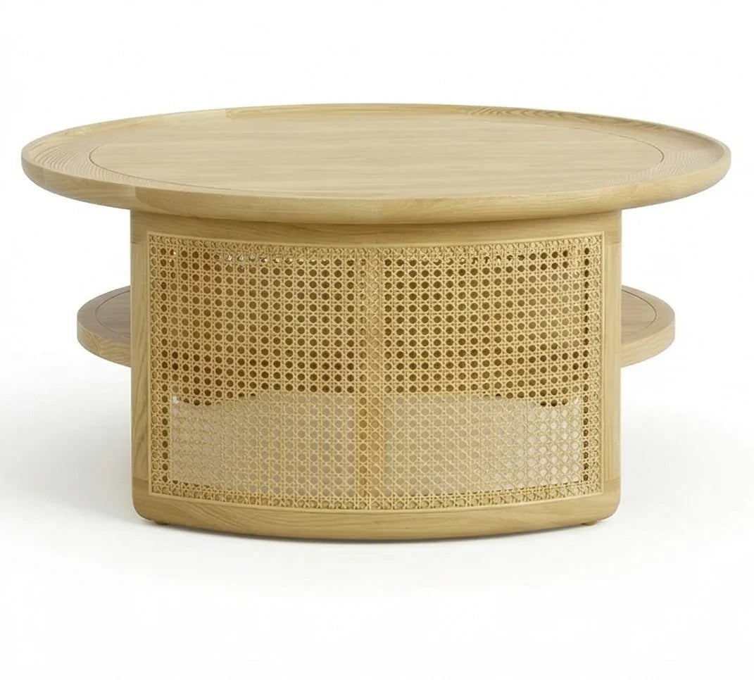 Round solid wood coffee table with rattan cane panels and lower shelf