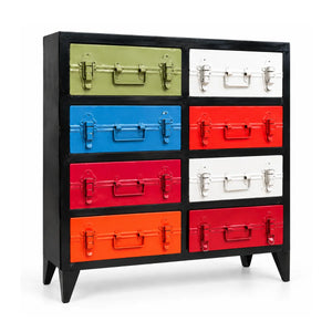 Safaro multicolour 8 drawer storage cabinet with trunk-style drawer fronts and black frame on tapered legs