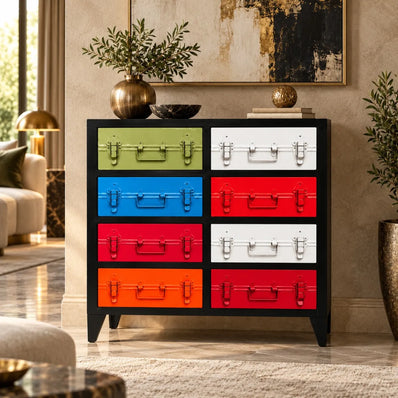 Safaro colourful 8 drawer cabinet styled in a living room with a vase and decor on top
