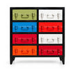 Front view of Safaro drawer cabinet with green, white, blue, red, crimson and orange drawers