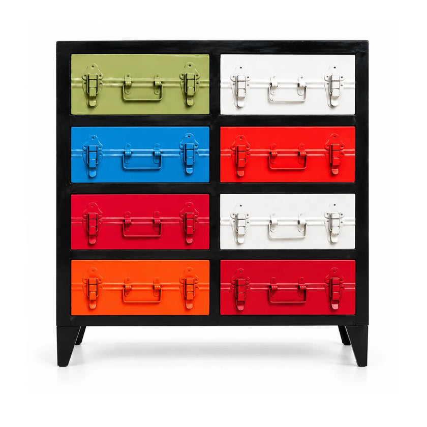 Front view of Safaro drawer cabinet with green, white, blue, red, crimson and orange drawers