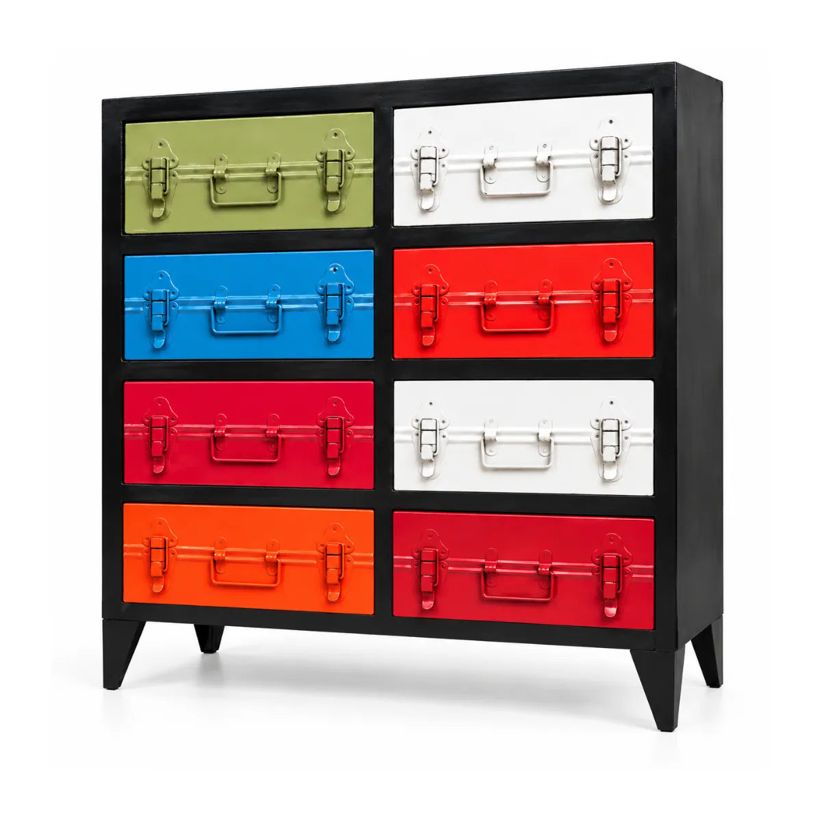 Angled view of Safaro storage cabinet with drawers showing black frame and latch details