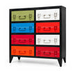 Angled view of Safaro storage cabinet with drawers showing black frame and latch details