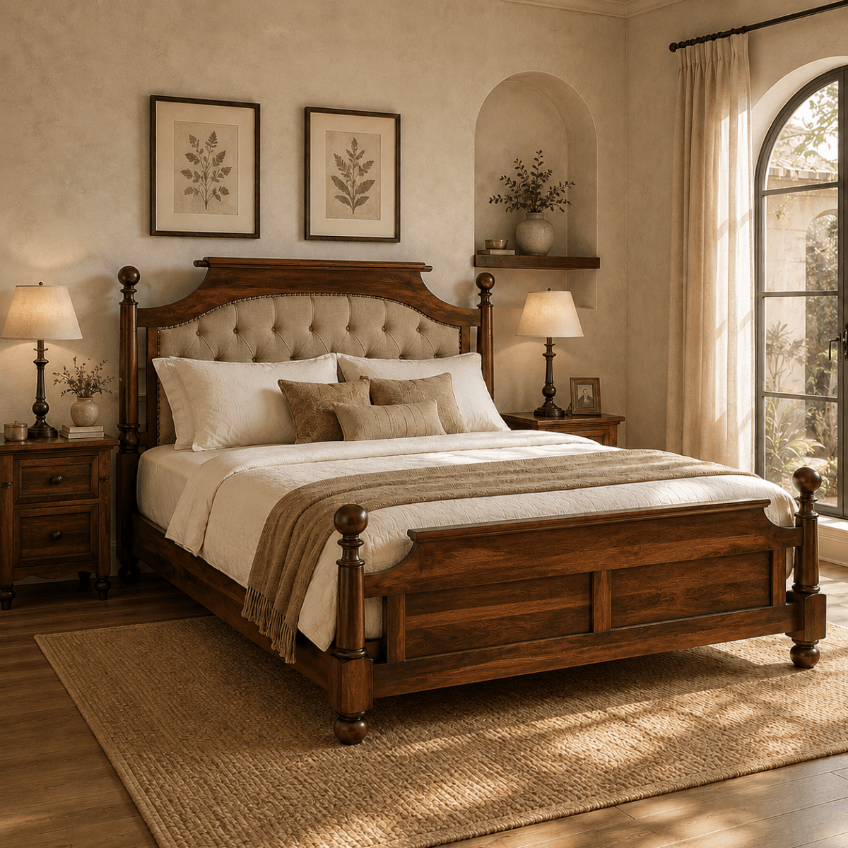 Siligudi solid Sheesham wood four-poster bed with tufted upholstered headboard, styled in a royal bedroom