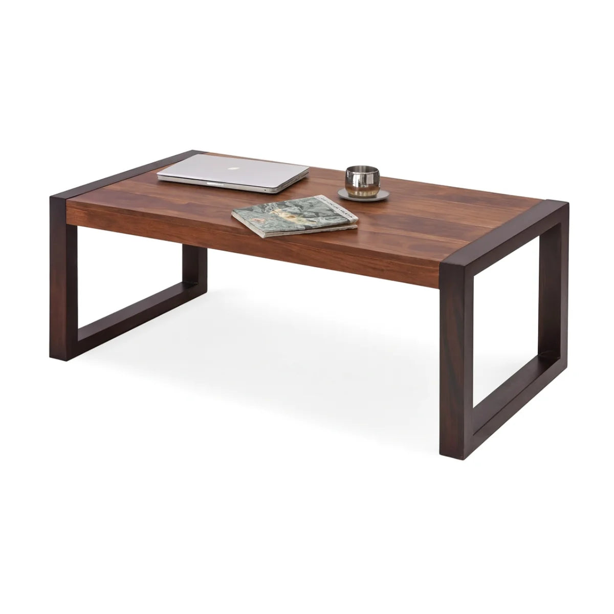 Silvia rectangular two-tone sheesham coffee table with wooden legs styled with decor