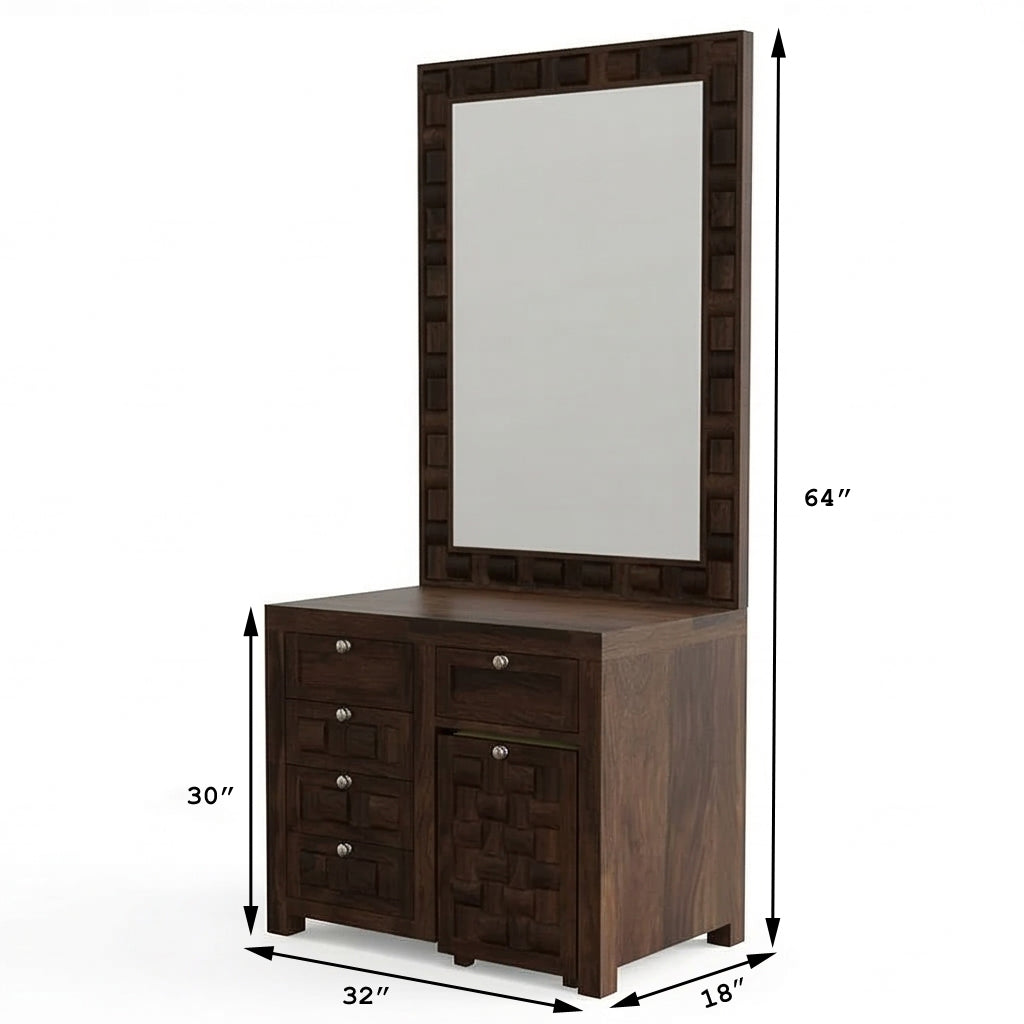 Solid Wood Dressing Table with Textured Panel Design & Storage Stool