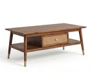 Rectangular solid wood coffee table with rattan cane drawer and lower shelf