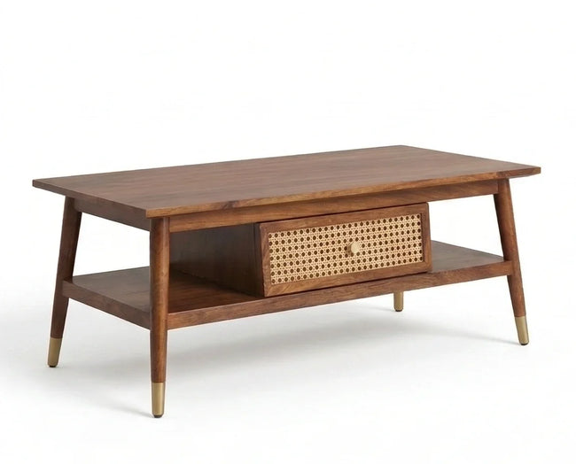 Rectangular solid wood coffee table with rattan cane drawer and lower shelf