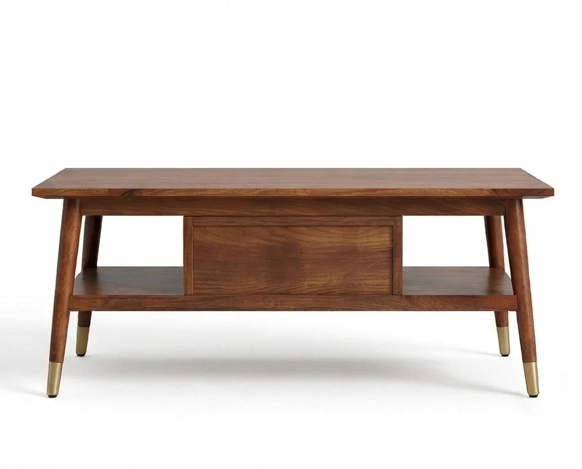 Rectangular wooden coffee table rear view with shelf and tapered legs