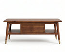 Rectangular wooden coffee table rear view with shelf and tapered legs