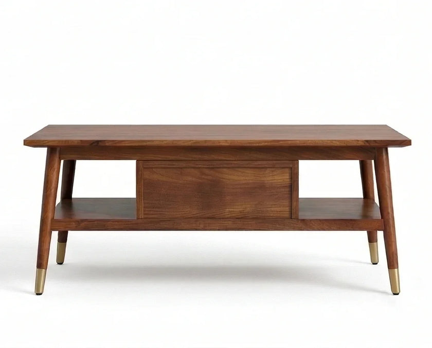 Rectangular wooden coffee table rear view with shelf and tapered legs