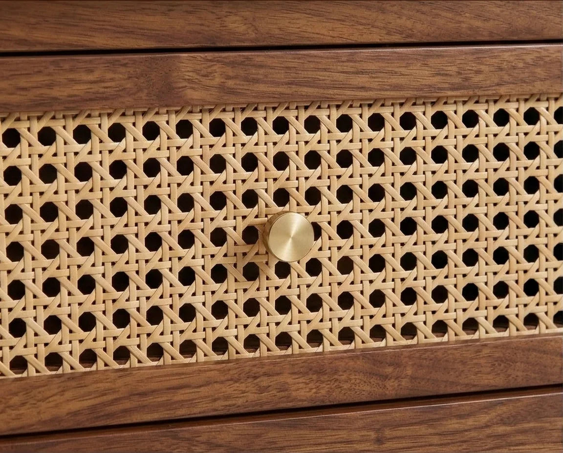 Rattan cane drawer front with brass knob on solid wood coffee table