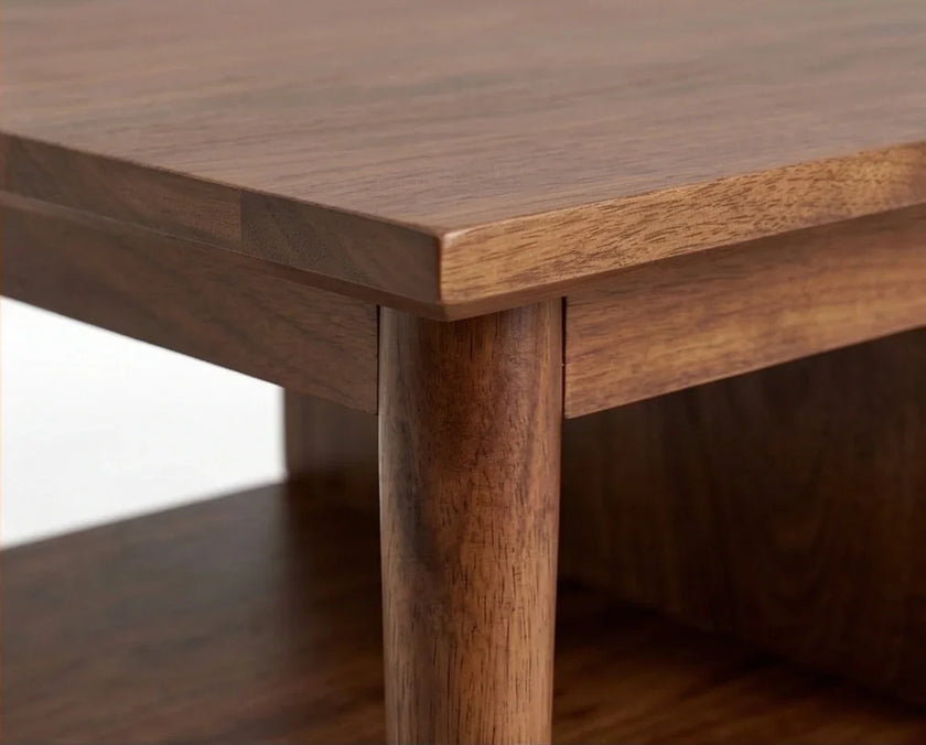 Tabletop corner and leg detail of solid wood coffee table