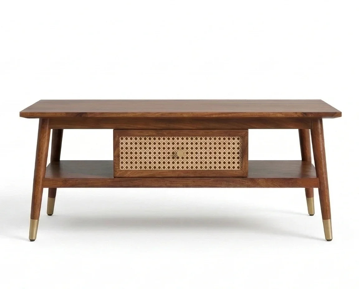 Solid wood coffee table front view with cane drawer and brass leg tips