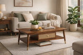 Wooden coffee table with cane drawer styled in a cozy living room