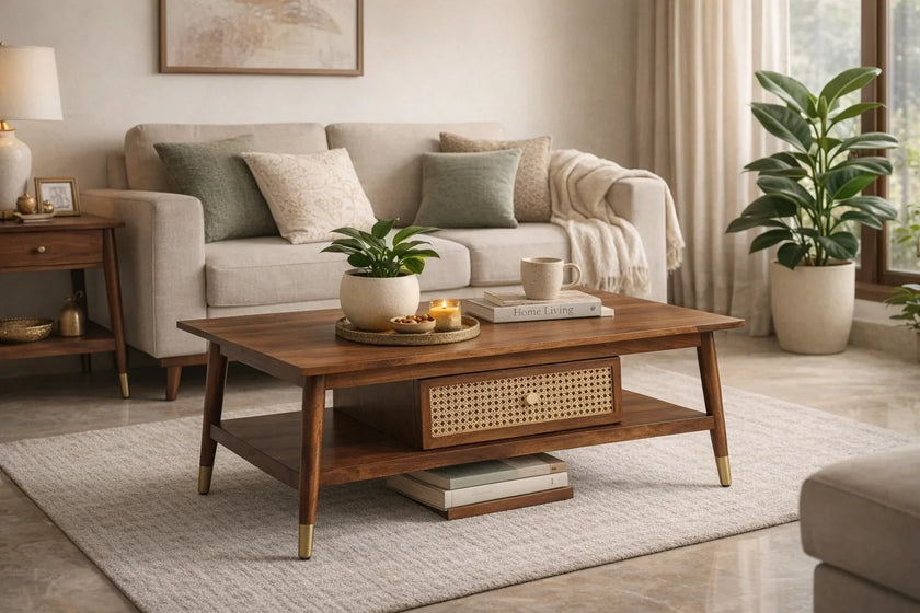 Wooden coffee table with cane drawer styled in a cozy living room