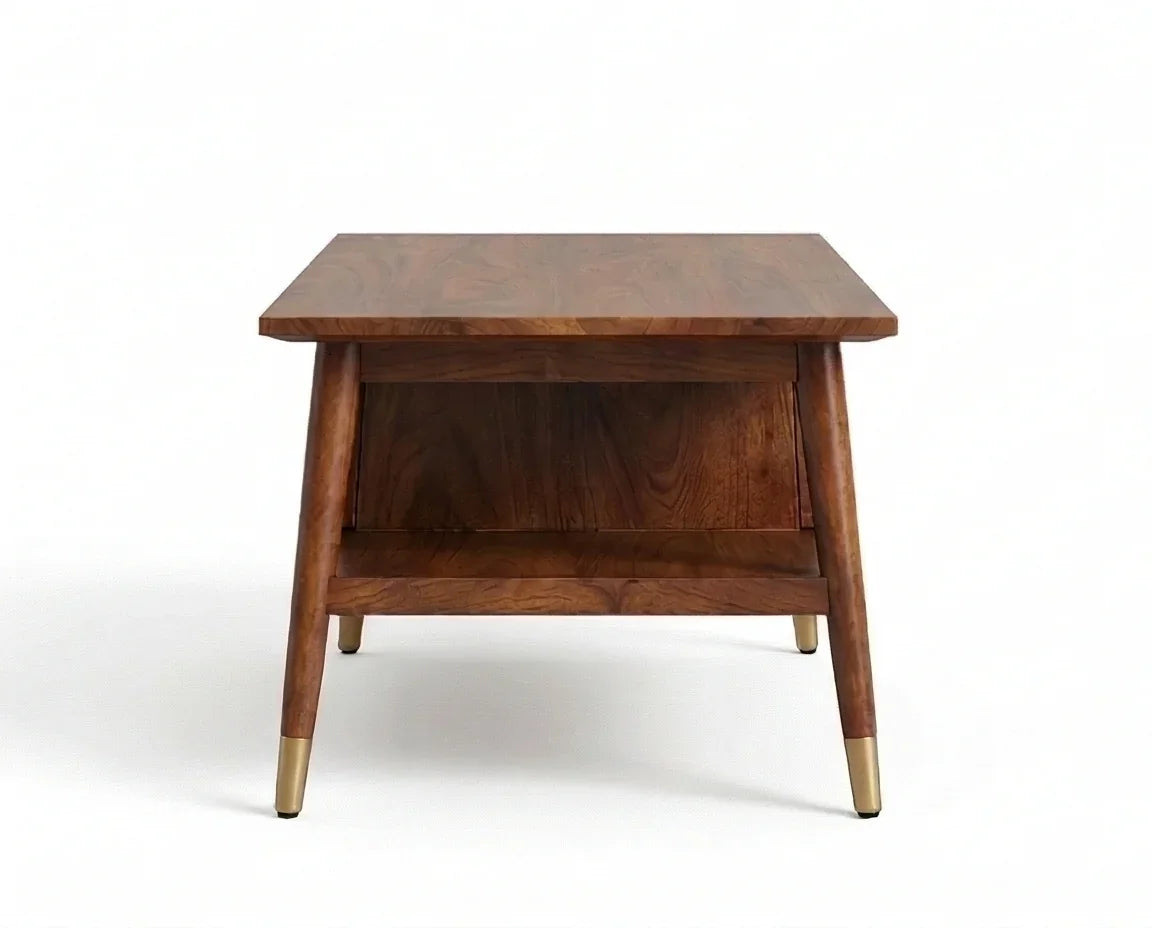 Solid wood cane drawer coffee table side view with open shelf