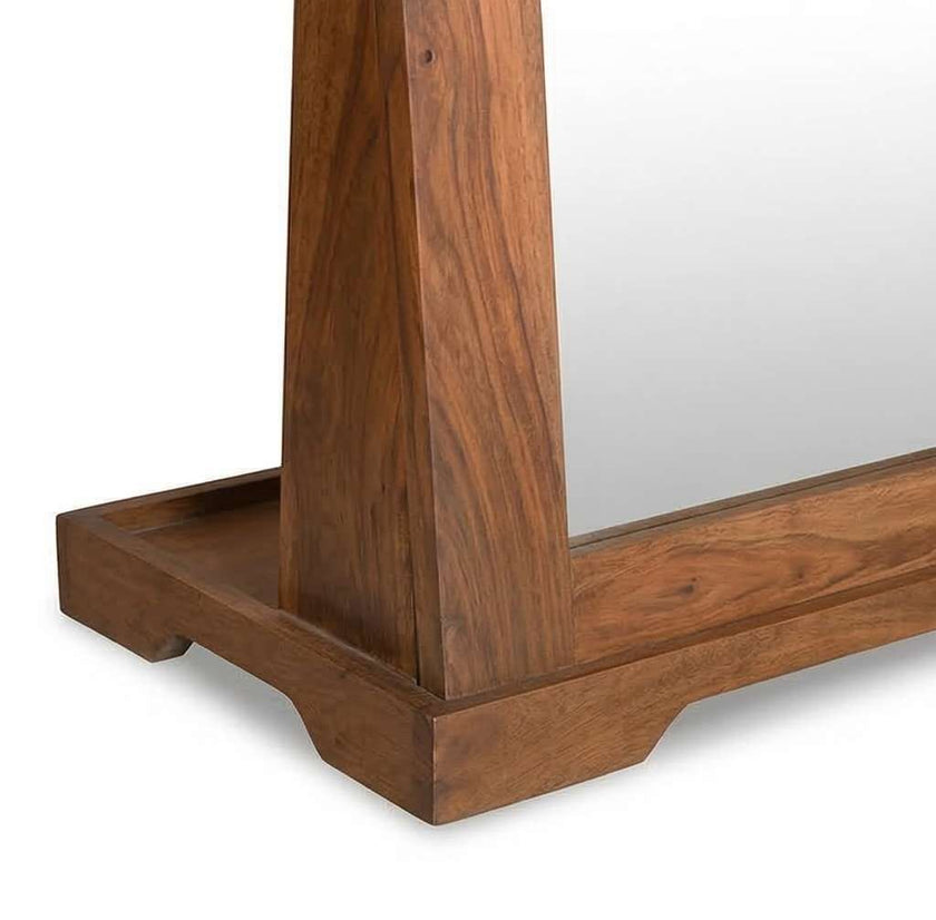 Additional angled view of the solid wood dressing table highlighting the mirror and cabinet