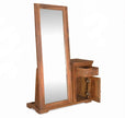 Angled view of the solid wood dressing table showing the mirror frame and cabinet storage