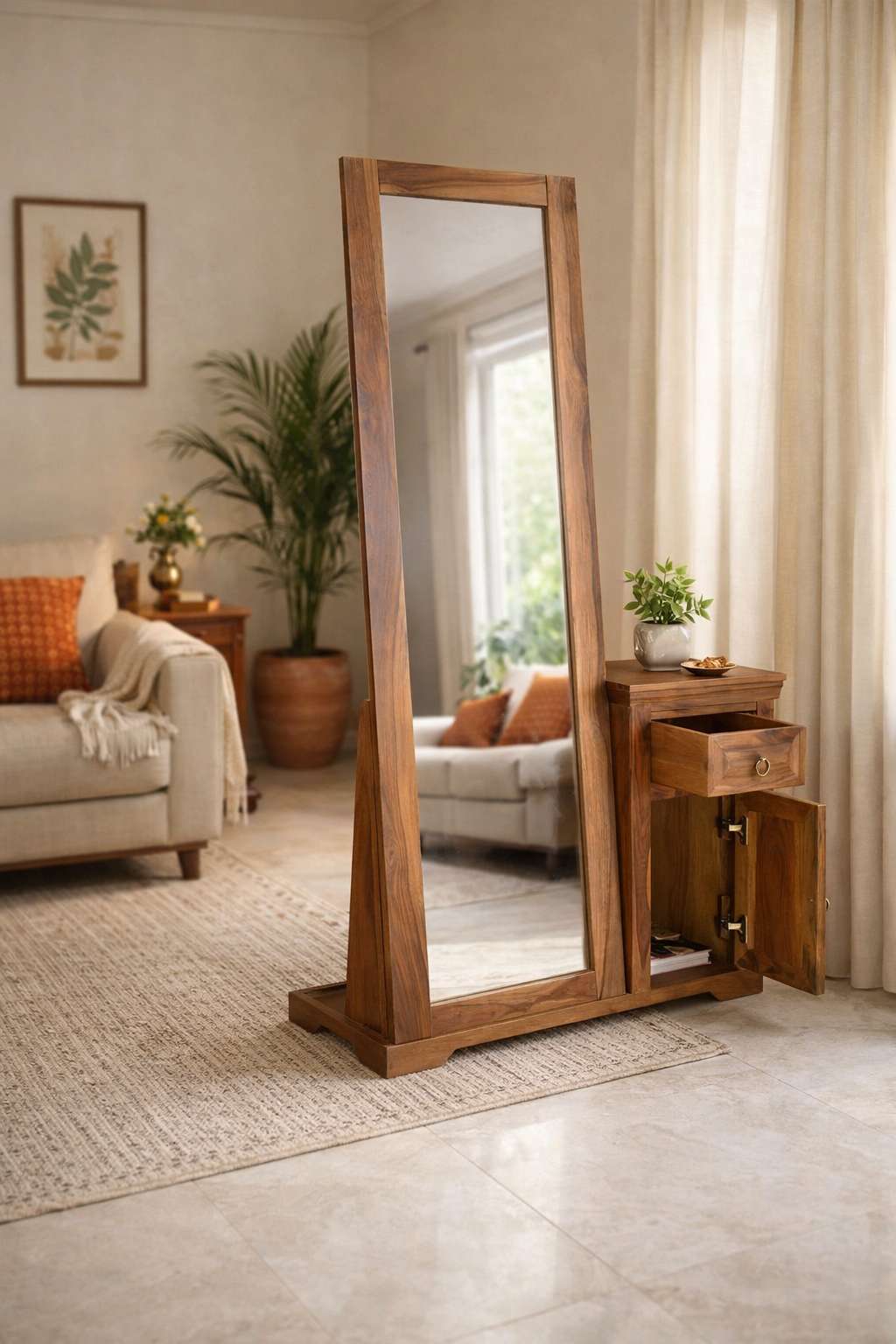 Full view of the solid wood dressing table with mirror, drawer, and cabinet