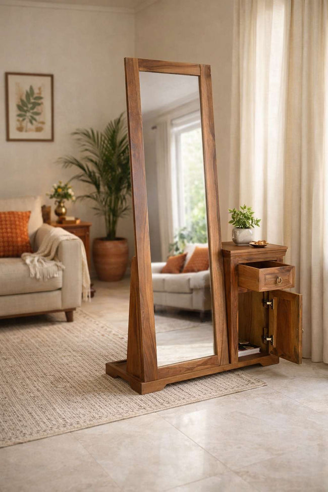 Full view of the solid wood dressing table with mirror, drawer, and cabinet